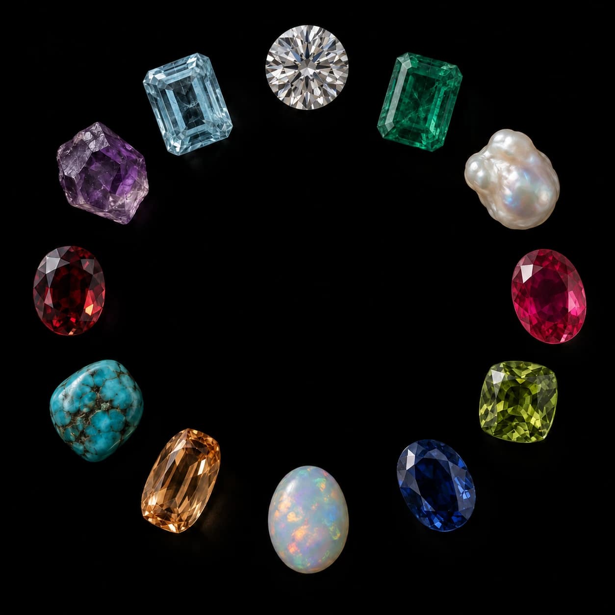 Twelve natural-looking gemstones arranged in a circle on black