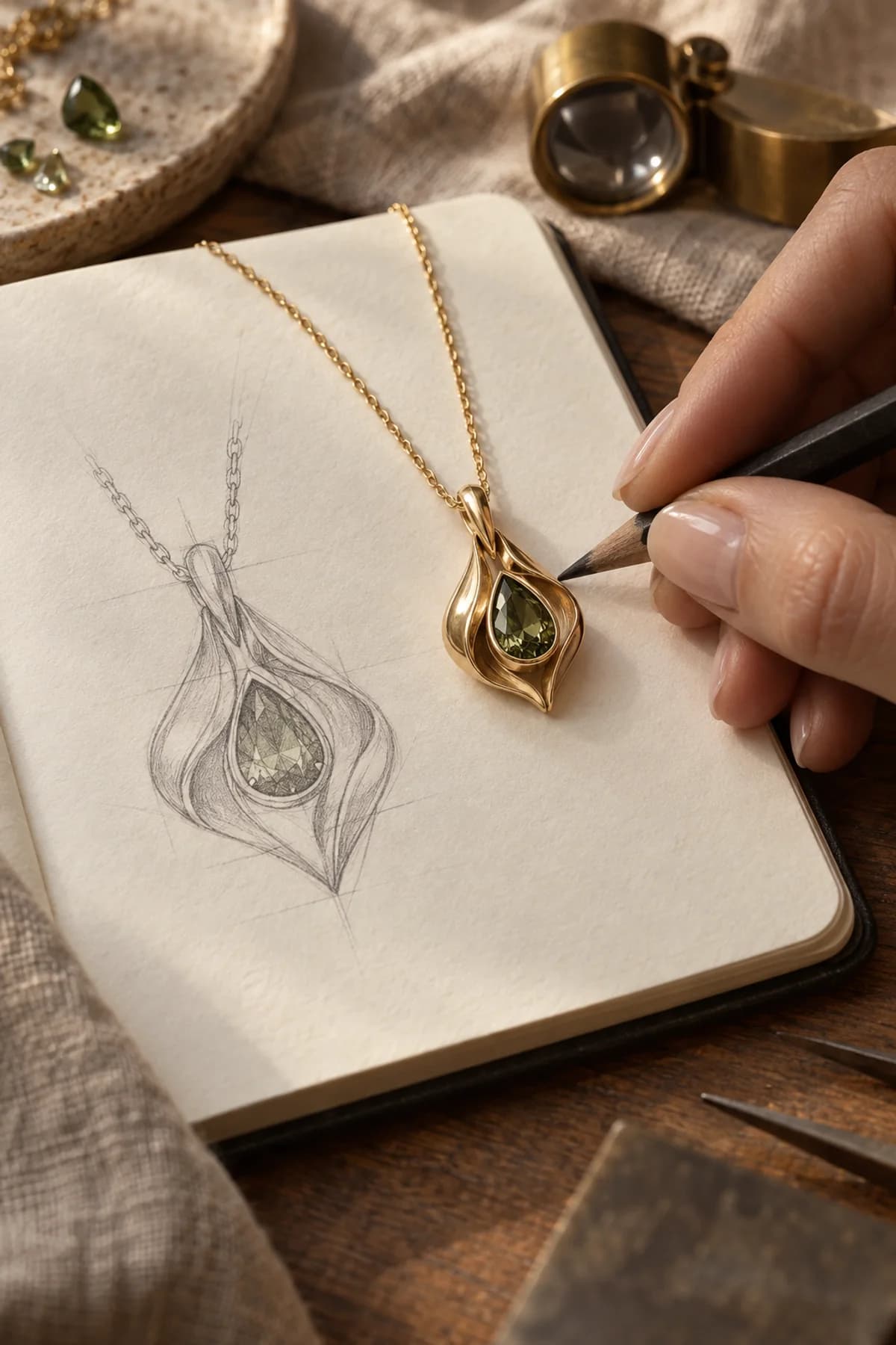 The finished gold pendant resting on its pencil sketch in a jeweller’s sketchbook