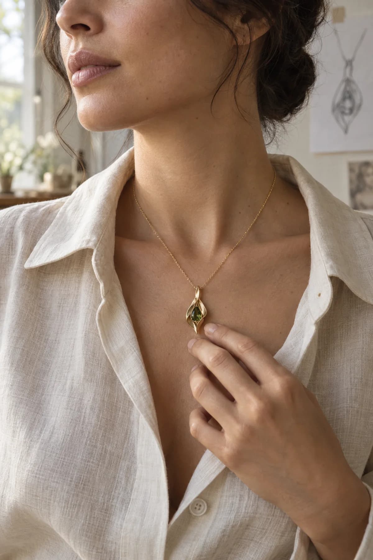 A woman in an ivory linen shirt wearing a one-of-a-kind sculptural gold pendant with a green tourmaline, a design sketch pinned on the wall behind her
