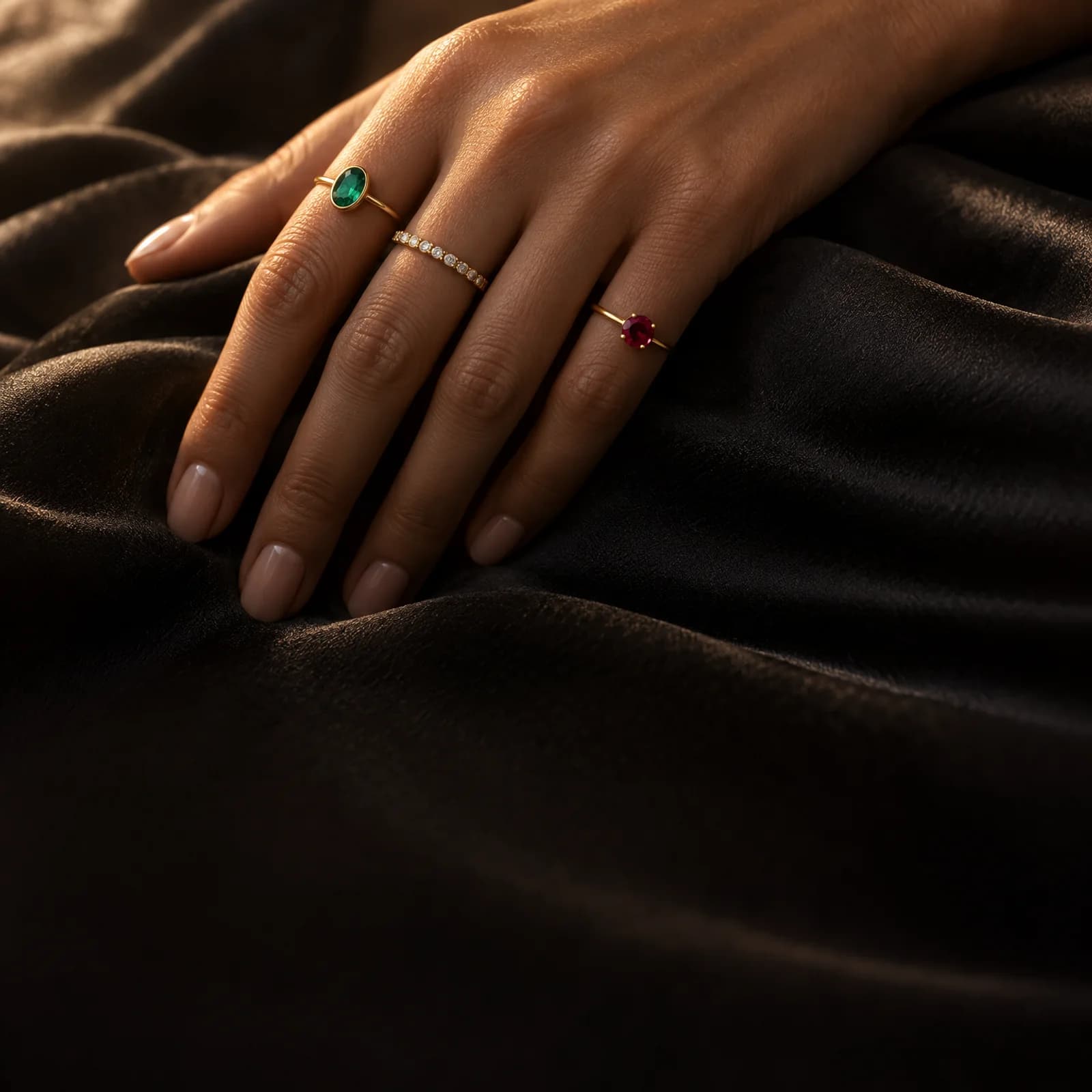 A hand resting on dark silk wearing an emerald ring, a diamond eternity band and a ruby solitaire in gold