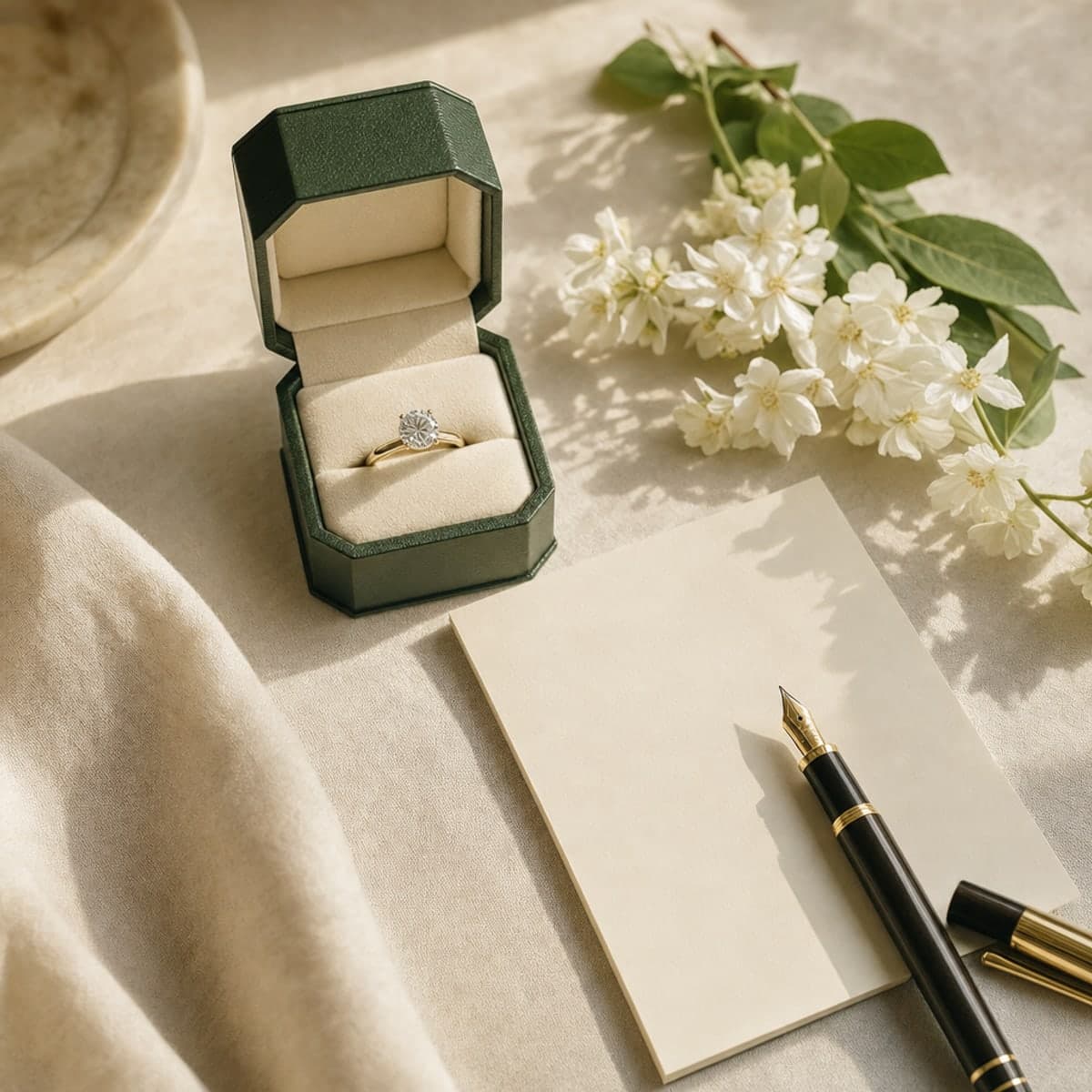 A solitaire ring in a green box beside a card and pen