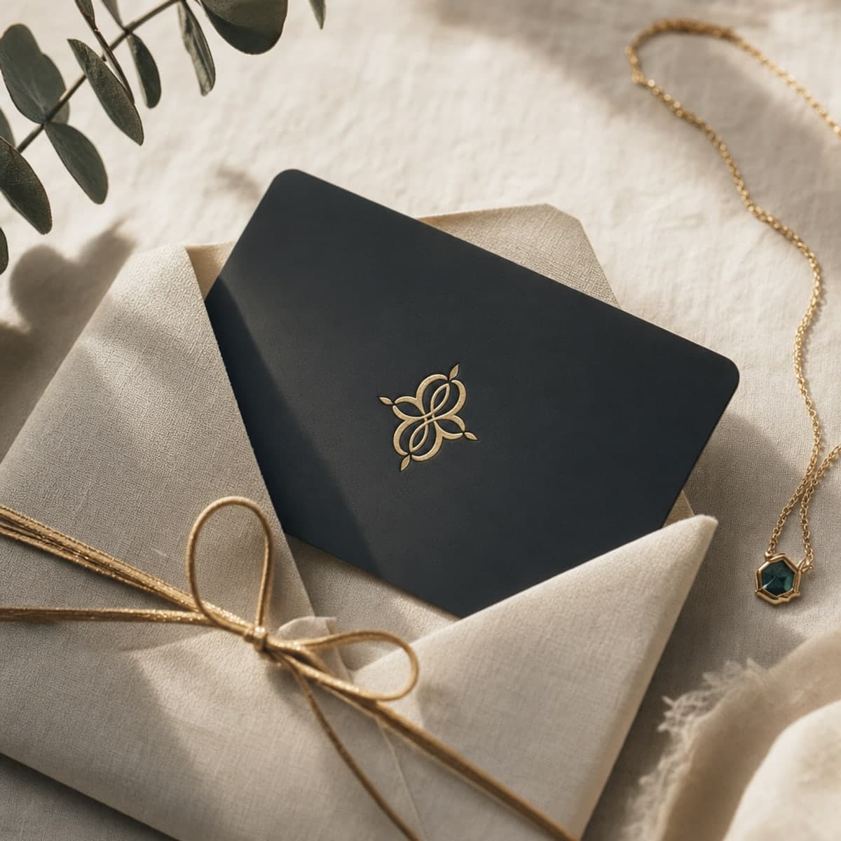 A black Mulu gift card in an ivory envelope with a gold ribbon