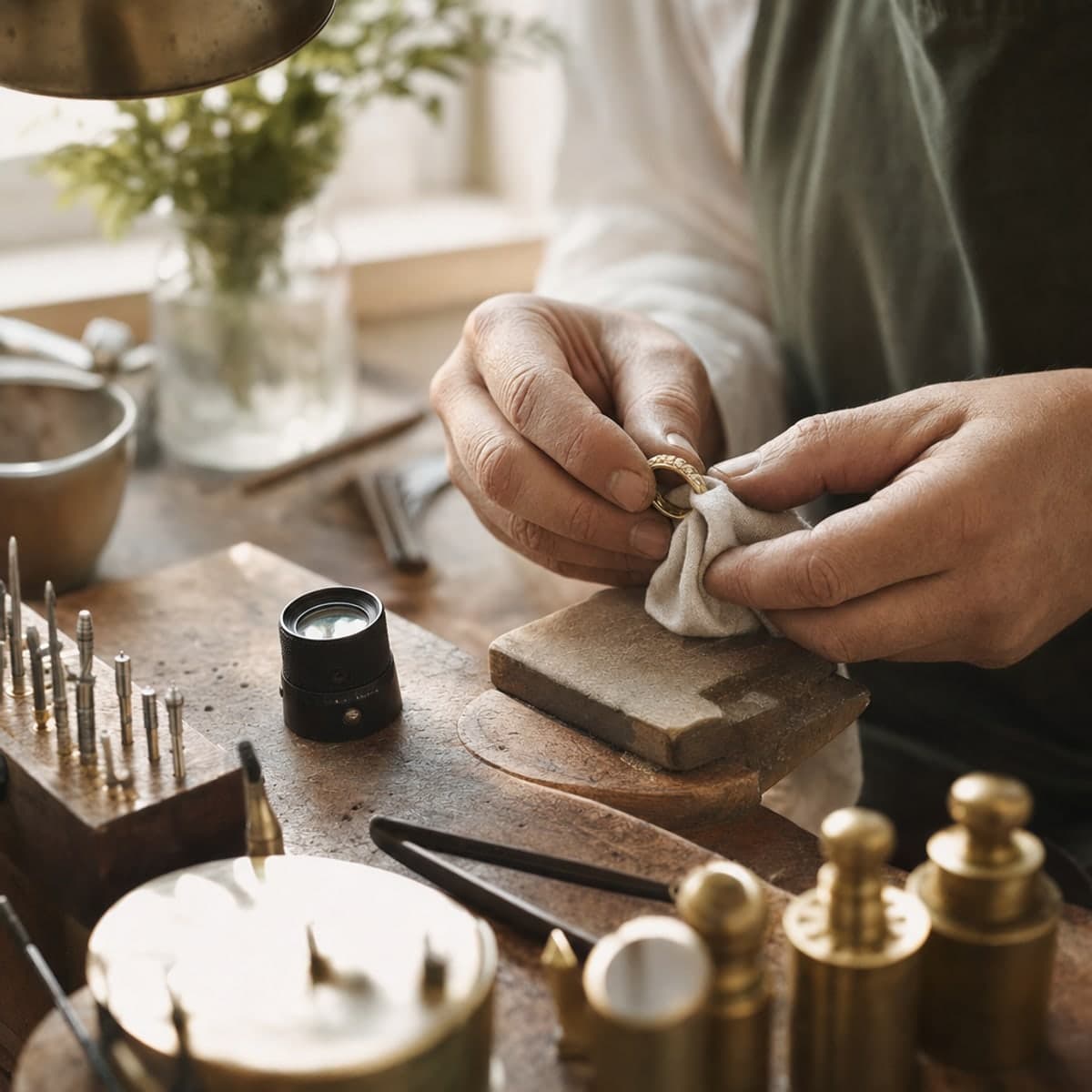 A jeweller polishing a gold ring at the bench
