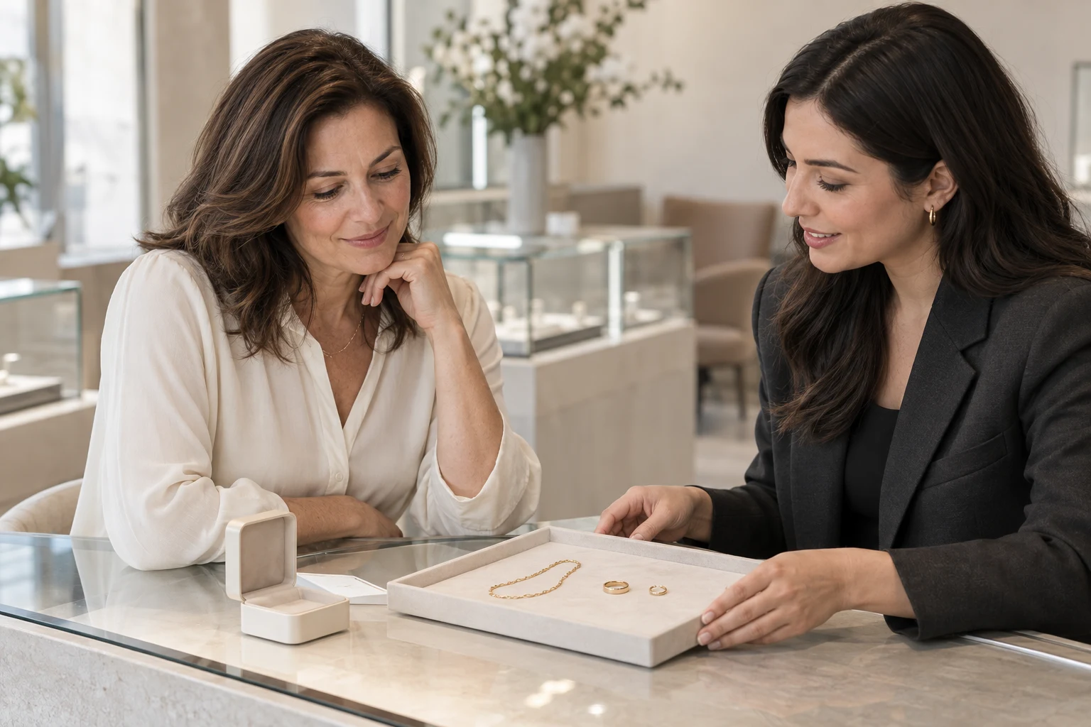 A customer discussing her gold jewellery with a consultant in a Mulu boutique