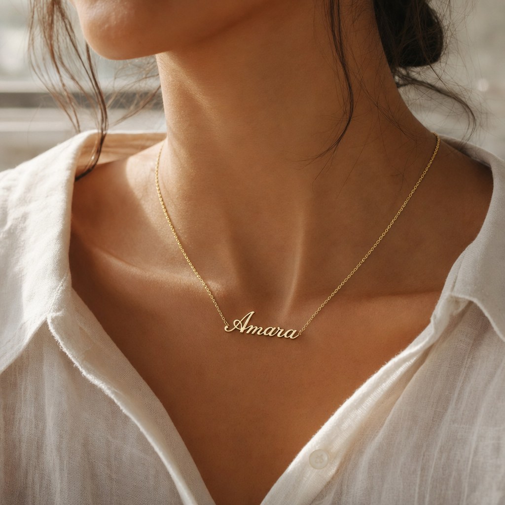 Amara name necklace in gold, worn