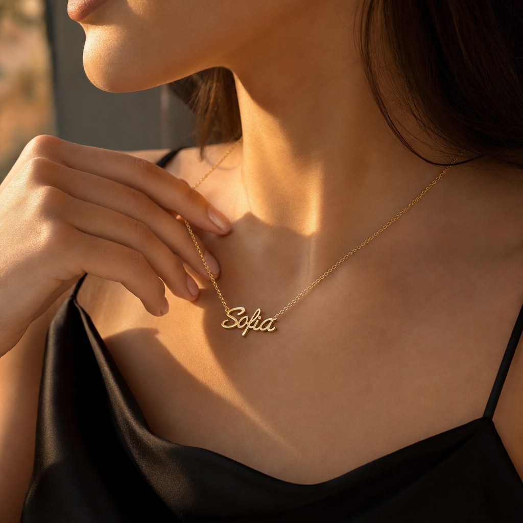 Sofia name necklace in gold, worn