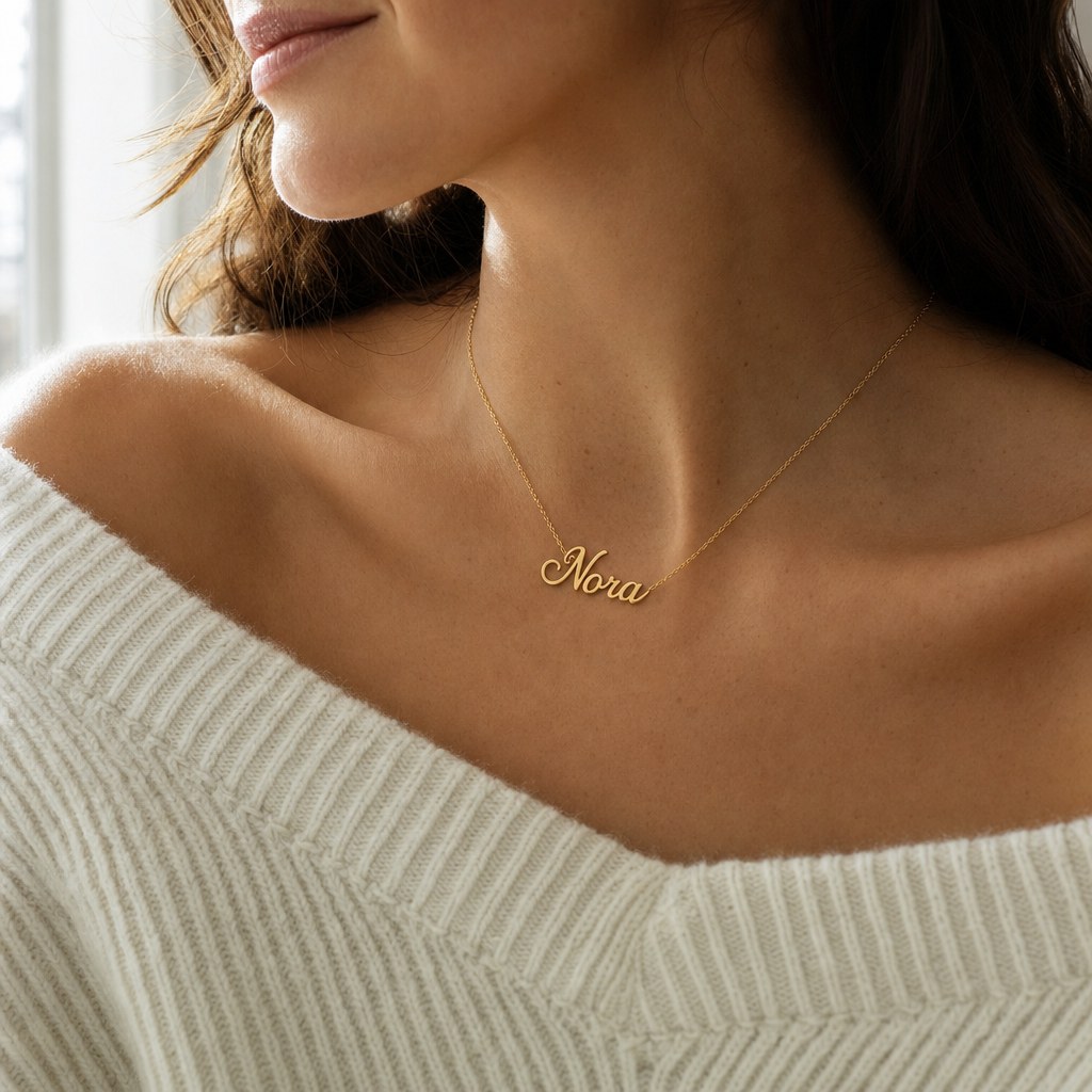 Nora name necklace in gold, worn